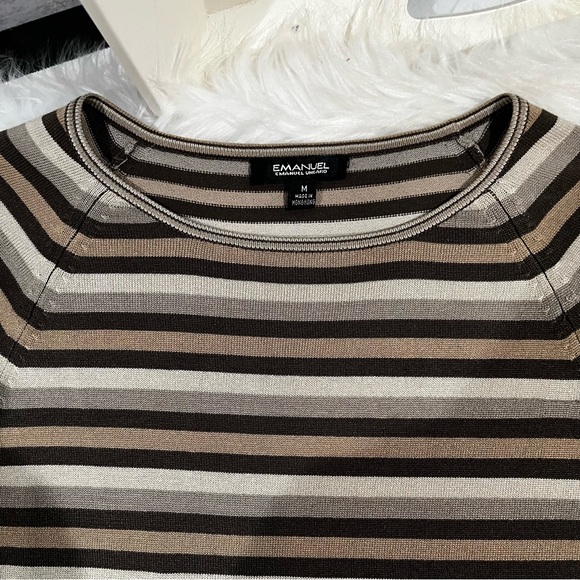 NEW Emanuel Ungaro Silk Striped Neutral Multi Fitted Layering Short Sleeve Top M - Picture 11 of 14